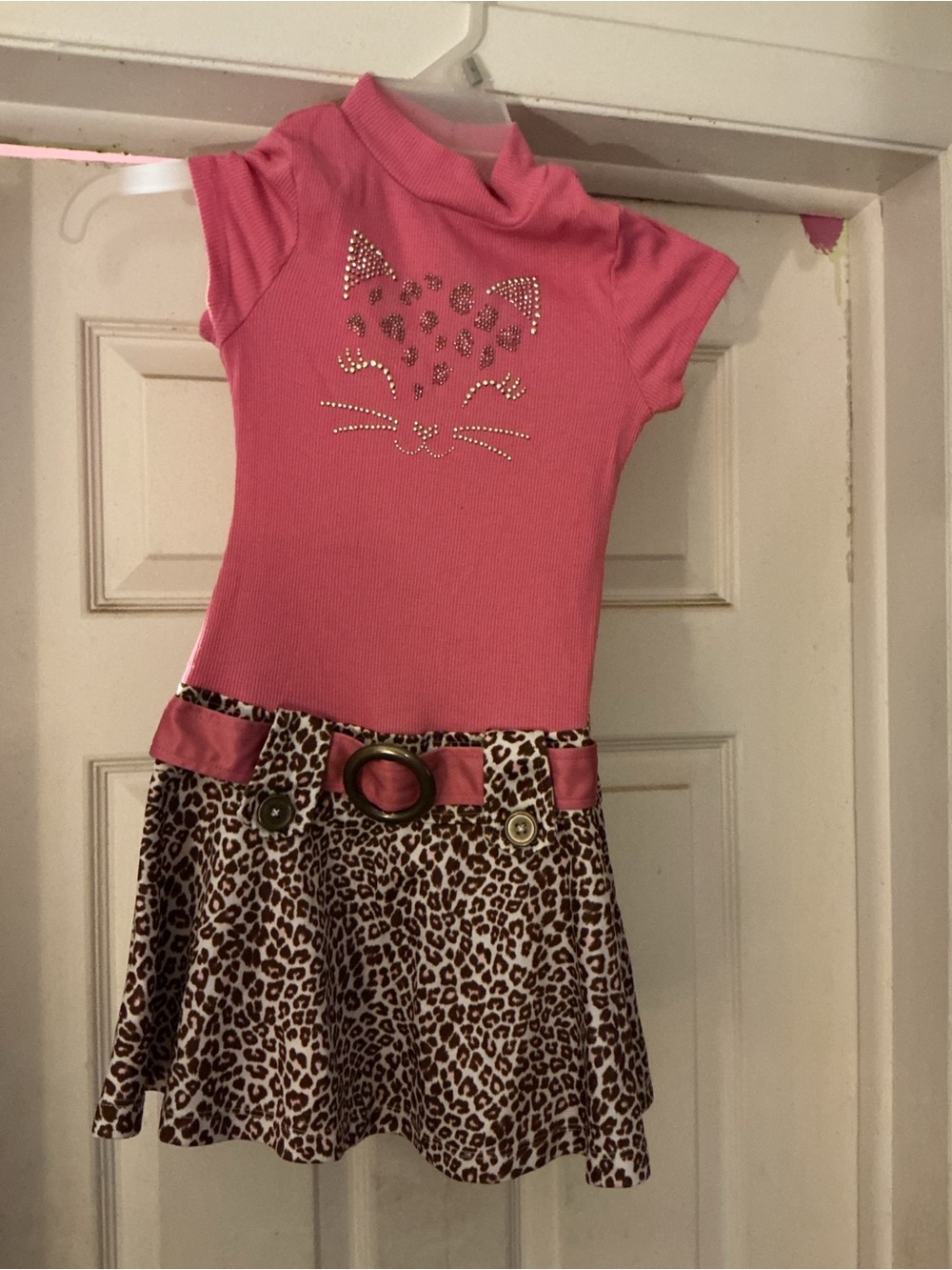 Girls Pink Leopard Print Dress with Cat Face